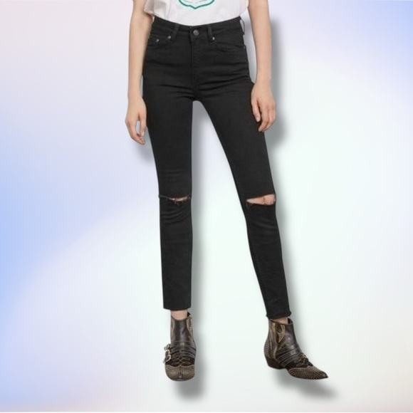 Anine Bing Black Distressed Knee Raw Hem High-Rise Skinny Jeans Size 24 - Picture 1 of 16